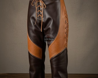 Handgefertigte braune & hellbraune Lederhose | Maß Mittelalter Renaissance Hose | Steampunk Cosplay Festival Kleidung