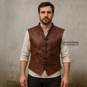 Custom Brown Leather Medieval Cosplay Vest for Men | Men&#39;s Leather Knight Vest | Brown Leather Fantasy Armor | Custom Fit Medieval Vest