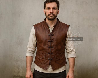 Custom Brown Leather Medieval Cosplay Vest for Men | Men&#39;s Leather Knight Vest | Brown Leather Fantasy Armor | Custom Fit Medieval Vest