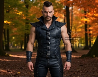 Custom Dark Blue Leather Vest & Pants Set for Men | Gothic Steampunk Festival Outfit | Handmade Cosplay Ensemble