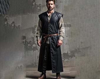 Custom Made Black Leather Sleeveless Long Coat for Men | Men&#39;s Leather Duster Vest | Gothic Leather Vest | Custom Fit Leather Overcoat