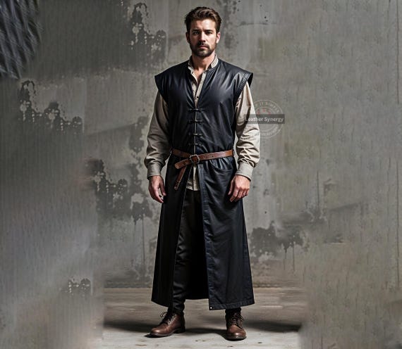 Custom Made Black Leather Sleeveless Long Coat for Men | Men's Leather Duster Vest | Gothic Leather Vest | Custom Fit Leather Overcoat
