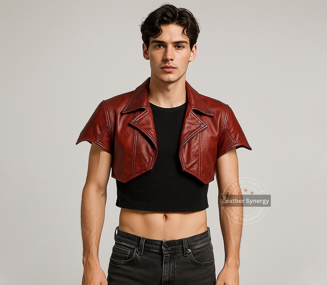 Red Cropped Leather Biker Jacket | Short Sleeve Moto Shrug