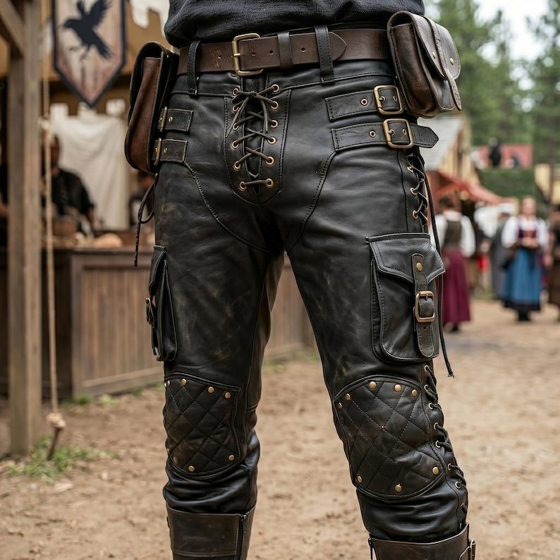 May include: Black leather pants with lace-up front, pockets, and quilted knee patches. The pants feature a brown leather belt with a buckle and two small pouches. The style is reminiscent of medieval or fantasy attire.