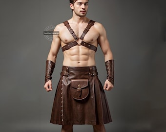 Kilt e arreios de gladiador de couro marrom feitos à mão para homens | Traje de couro legítimo | Traje medieval, gótico e cosplay