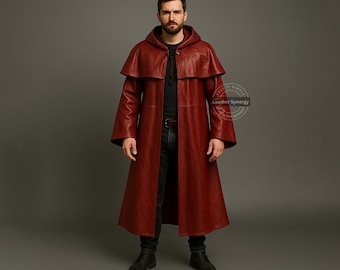 Custom Roter Leder Cosplay Umhang | Heroic Red Hooded Cape | Fantasy & Vampir Kleidung | Roter Ledermantel