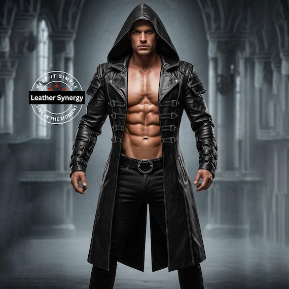 ハンドメイドメンズ本革ブラックフード付きコート｜カスタムブラック