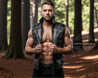 Zwart gotisch leren herenvest | Bikervest met gesp | Mouwloze steampunk-festivaltop | Op maat gemaakt punkgilet | Cosplay-outfit