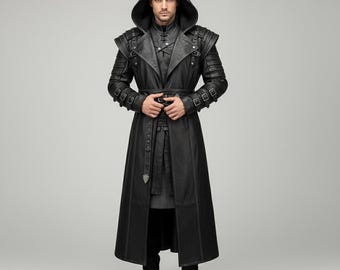 Medieval Hooded Leather Trench Coat, Mens Black Cowhide Gothic Coat, Long Steampunk Leather Overcoat, Handmade Real Leather Gift for Him