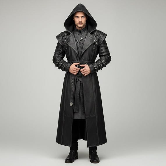 Medieval Hooded Leather Trench Coat, Mens Black Cowhide Gothic Coat, Long Steampunk Leather Overcoat, Handmade Real Leather Gift for Him