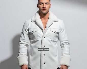 Handmade Men’s Genuine White Leather Jacket | Custom Shearling Collar Coat | Personalized Winter Streetwear | Tailored Slim Fit