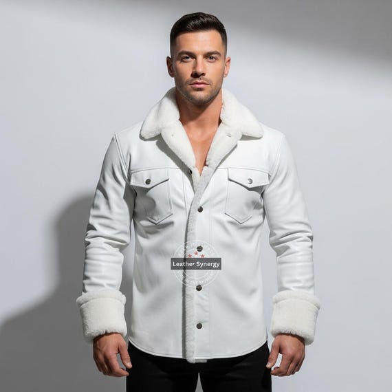 Handmade Men's Genuine White Leather Jacket | Custom Shearling