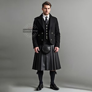 Handmade Black Leather Pleated Kilt | Men&#39;s Leather Kilt | Black Leather Skirt | Leather Utility Kilt | Gothic Leather Kilt