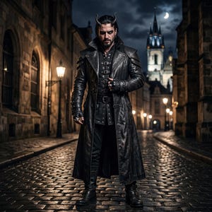 Puede incluir: Una gabardina larga de cuero negro con múltiples hebillas plateadas, cuello alto y hombros estructurados. El abrigo se lleva sobre un chaleco negro a juego con detalles de hebillas verticales, pantalones negros y botas de cuero negro.