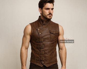 Men's Steampunk Leather Vest | Asymmetric Buckled Brown Waistcoat