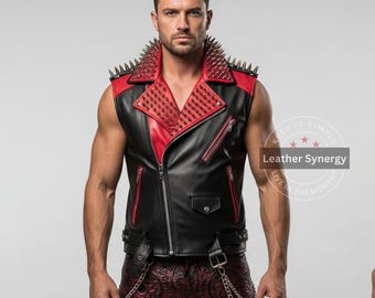 Chaleco de cuero negro y rojo con pinchos para hombre hecho a mano / Chaqueta punk sin mangas personalizada / Estilo motero de cuero genuino / Ajuste personalizado de ropa de calle