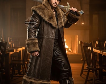 Handmade Men’s Genuine Leather Fur Coat | Custom Brown Long Trench | Medieval Cosplay Winter Overcoat