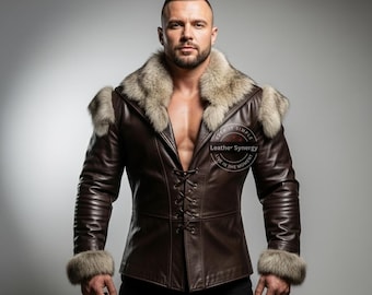 Handmade Men’s Genuine Brown Leather Coat | Custom Shearling Fur Collar Jacket | Personalized Winter Outerwear | Tailored Vintage Style