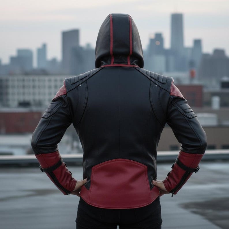 May include: Black and red leather jacket with a hood. The jacket features red accents on the shoulders, sleeves, and lower back. The person is standing with their hands on their hips, overlooking a city skyline.