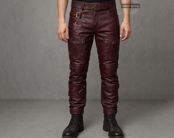 Custom Burgundy Leather Steampunk Pants for Men | Gothic Festival Cosplay Trousers | Handmade Renaissance Bottoms
