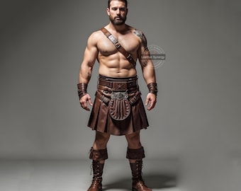 Leather Gladiator Costume for Men | Roman Warrior Kilt with Belt & Harness |Handmade LARP Cosplay Armor Skirt |Custom Fit Renaissance Outfit