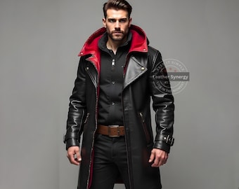 Handmade Black and Red Leather Trench Coat with Hood | Real Leather Hooded Trench Coat | Gothic Leather Trench Coat  | Hooded Leather Coat