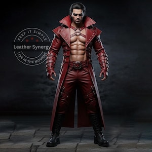 Men&#39;s Genuine Red Leather Gothic Trench Coat, Steampunk Vampire Duster, Cosplay Costume, Rocker Clothing