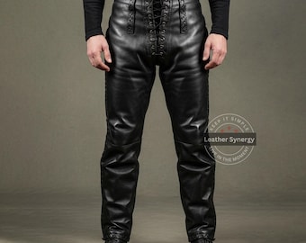 Handmade Men’s Genuine Leather Medieval Pants | Custom Black Lace-Up Renaissance Trousers | Personalized Leather Streetwear