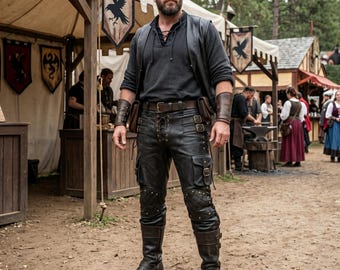 Handmade Mens Leather Vest Pants Set Black Leather Outfit Biker Vest Cargo Leather Pants Lace Up Trousers Medieval LARP Renaissance Costume