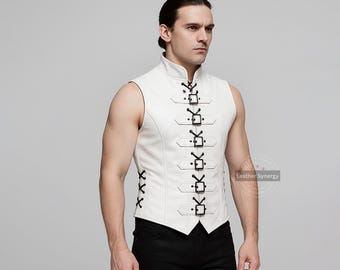 White Leather Gothic Vest | Handmade Fantasy Buckled Waistcoat | Custom Renaissance Cosplay Top | Steampunk LARP Sleeveless Armor for Men