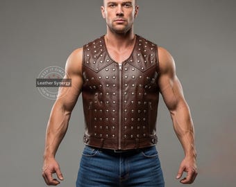 Mens Leather Vest Handmade Brown Studded Waistcoat Steampunk Rocker Gothic Vest Custom Leather Waistcoat Western Style Vest Coat
