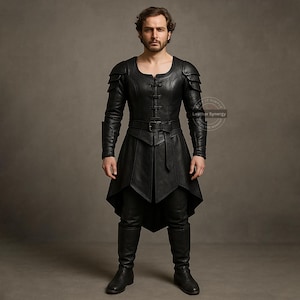 Custom Black Leather Cosplay Long Shirt | Men&#39;s Armor Suit | Belted Fantasy Attire