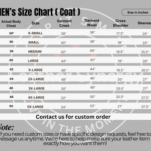 Puede incluir: Tabla de tallas de abrigos con medidas en pulgadas. La tabla incluye tallas desde X-Small hasta 5X-Large, detallando el contorno de pecho real, el pecho de la prenda, la cintura de la prenda, el ancho de hombros y la longitud de las mangas. Informaci&oacute;n de contacto para pedidos personalizados.