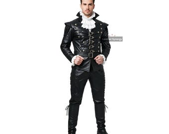 Genuine Black Leather Steampunk Renaissance Suit for Men | Gothic Victorian Cosplay Jacket & Pants Set |  Handmade Leather Festival Outfit