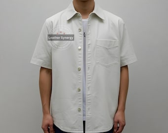 Camisa de cuero blanco genuino para hombre - Camisa de verano de media manga / Moda de cuero auténtico para hombre / Corte artesanal personalizado