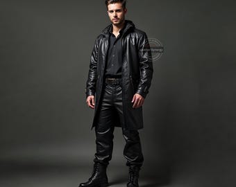 Handmade Black Leather Trench Coat | Real Leather Coat | Gothic Leather Long Coat | Black Leather Trench Coat for Men