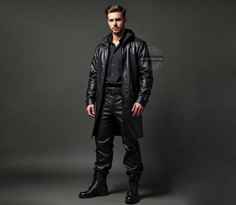 K&ouml;nnte beinhalten: Ein schwarzer Ledermantel mit Kapuze, Rei&szlig;verschluss und G&uuml;rtel. Der Mantel hat einen Stehkragen und zwei Taschen auf der Vorderseite. Das Model tr&auml;gt eine schwarze Hose und schwarze Stiefel.