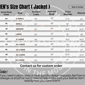 May include: A jacket size chart with measurements in inches. The chart includes sizes from X-Small to 5X-Large, detailing actual body chest, garment chest, waist, cross shoulder, and sleeve lengths. The chart also includes a note about custom orders.