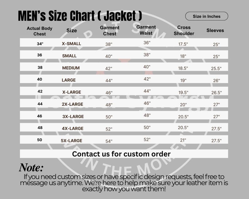 May include: A jacket size chart with measurements in inches. The chart includes sizes from X-Small to 5X-Large, detailing actual body chest, garment chest, waist, cross shoulder, and sleeve lengths. The chart also includes a note about custom orders.