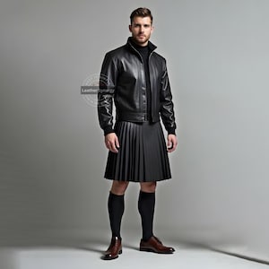 Handmade Black Leather Pleated Kilt and Black Jacket Set | Men&#39;s Black Leather Kilt | Gothic Leather Outfit | Black Leather Kilt and Jacket