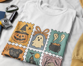 Vintage Halloween Stamp Dog Shirt – Retro Ghost Pumpkin Tee – Spooky Trick-or-Treat Top