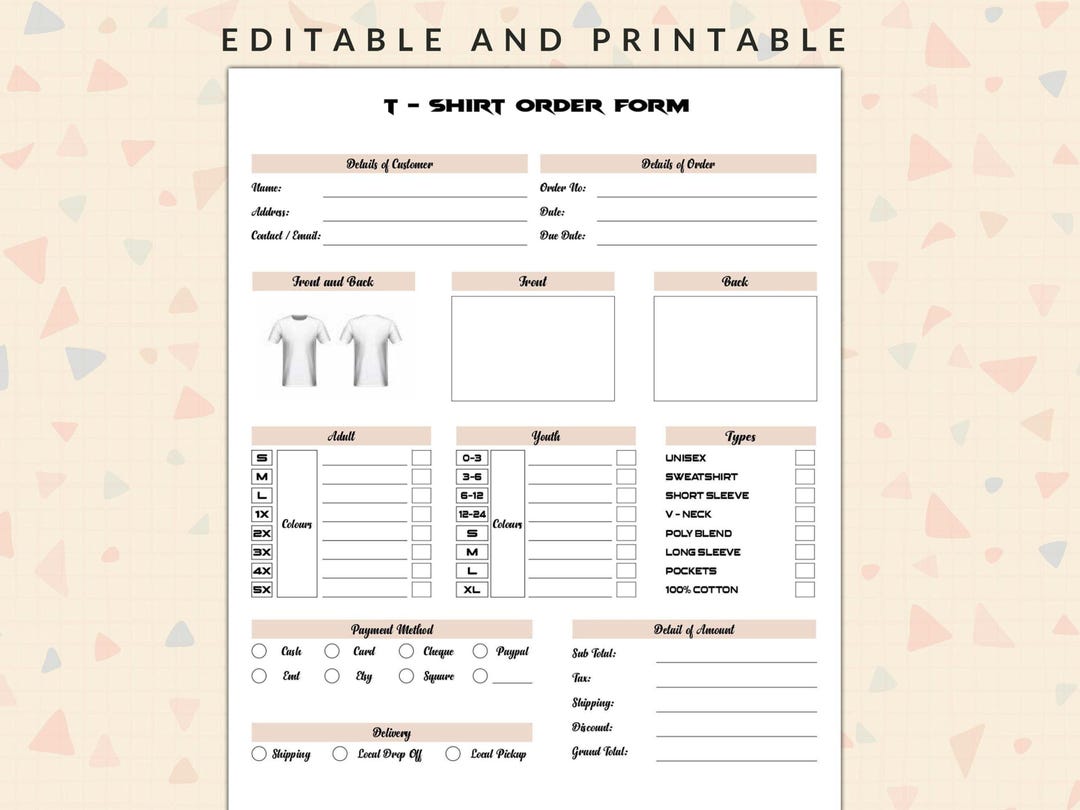 T-shirt Order Form Template, Editable Small Business Forms (PDF) - Etsy ...