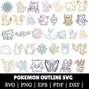 Pocket Monster SVG Bundle, Minimalist Outline Pikachu, Layered Cartoon Characters, Squirtle Bulbasaur PNG, Kids Birthday Shirt Cut File