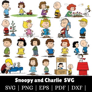 May include: A collection of cartoon characters from the Peanuts comic strip, including Charlie Brown, Snoopy, Lucy, and others. The characters are in various poses and activities. The image includes the text "Snoopy and Charlie SVG" and file type options.