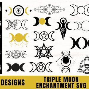 Puede incluir: Una colección de 20 diseños SVG de Triple Moon Enchantment en negro y dorado. Los diseños incluyen lunas crecientes, estrellas y otros símbolos celestiales. Los formatos de archivo incluyen SVG, PNG, DXF, EPS y JPG.