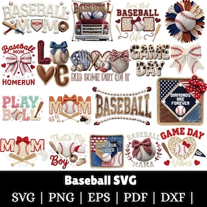 May include: A selection of baseball-themed SVG designs. The image showcases text designs such as "Baseball Mom," "Game Day," and "Diamonds are Forever," alongside baseballs, bats, and decorative elements in red, white, and blue.