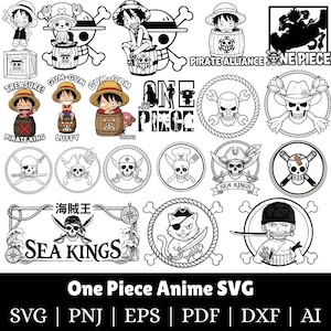 May include: A collection of black and white One Piece anime SVG designs. The designs include characters, skulls, and pirate-themed elements. Text includes "One Piece Anime SVG" and file type abbreviations.