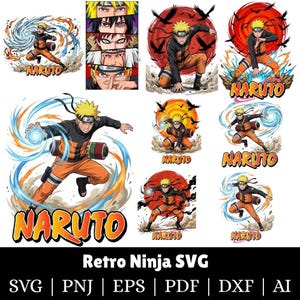 May include: A selection of digital art designs featuring the Naruto character in various action poses. The images use a vibrant colour palette of orange, black, and blue. The word "NARUTO" is displayed in a bold font. The bottom text reads "Retro Ninja SVG".