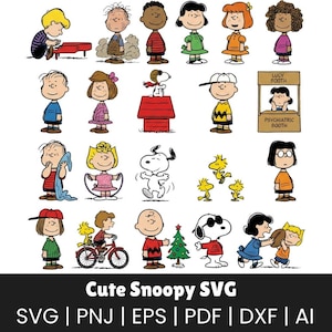 May include: A collection of cartoon character illustrations, including Snoopy, Charlie Brown, and other Peanuts characters. The characters are in various poses and activities. The image includes the text "Cute Snoopy SVG".