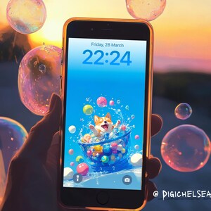 Playful Anime Corgi Phone Wallpaper | Cute Cartoon Corgi Bubble Bath | Kawaii Anime 3D Flat Design | Light Blue Background | Colorful Balls